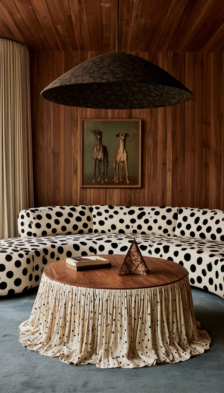 A design-led interior - a curved sofa beneath a large pendant light