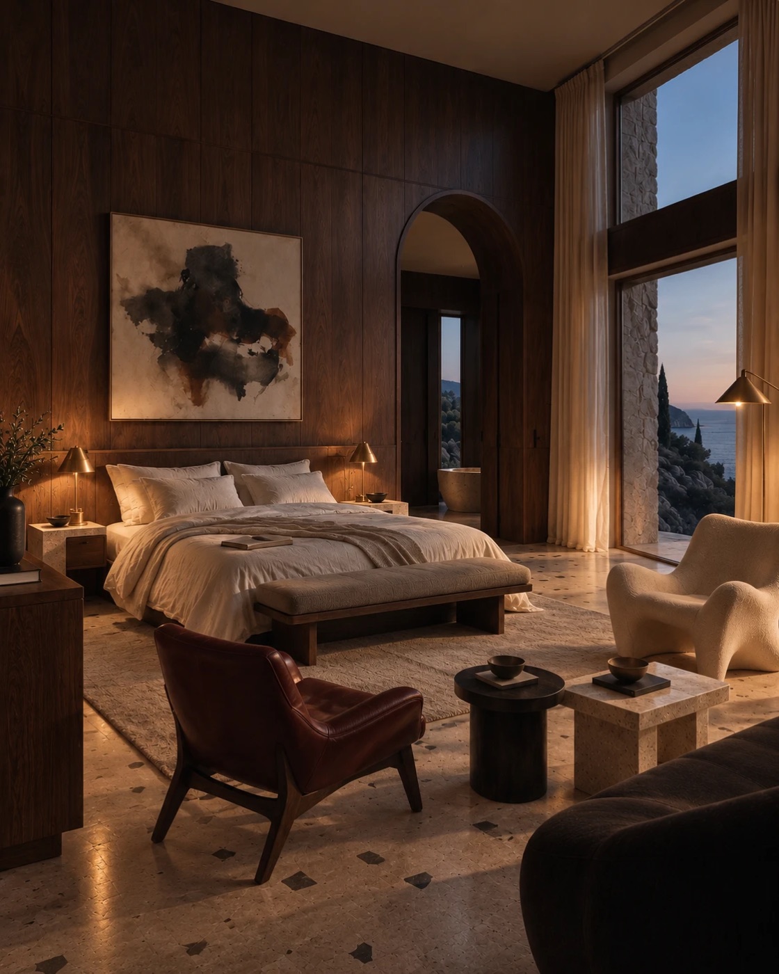 A real property reference - the villa's master bedroom in walnut, with a sea view