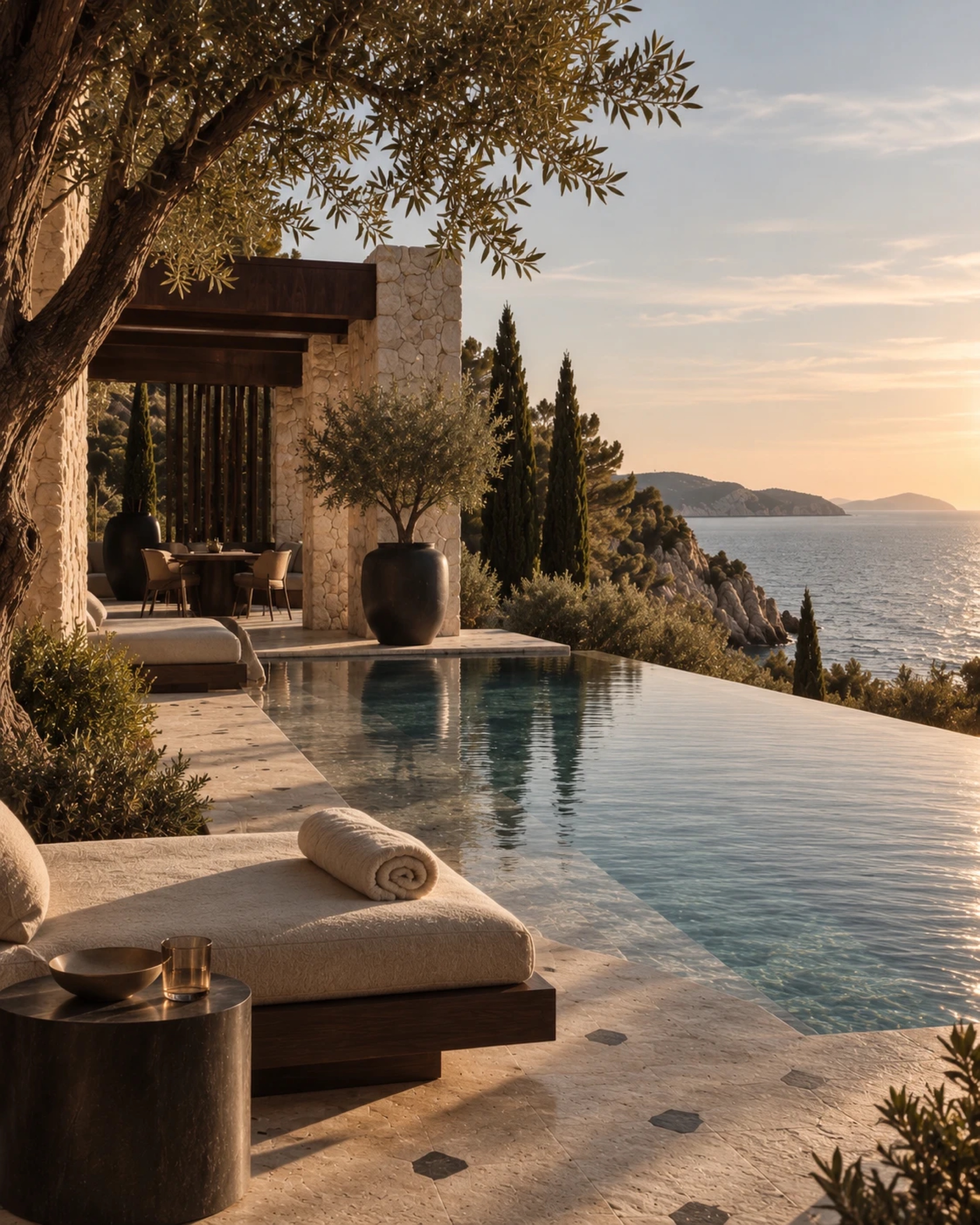 The villa's infinity pool at sunset, framed by olive and cypress