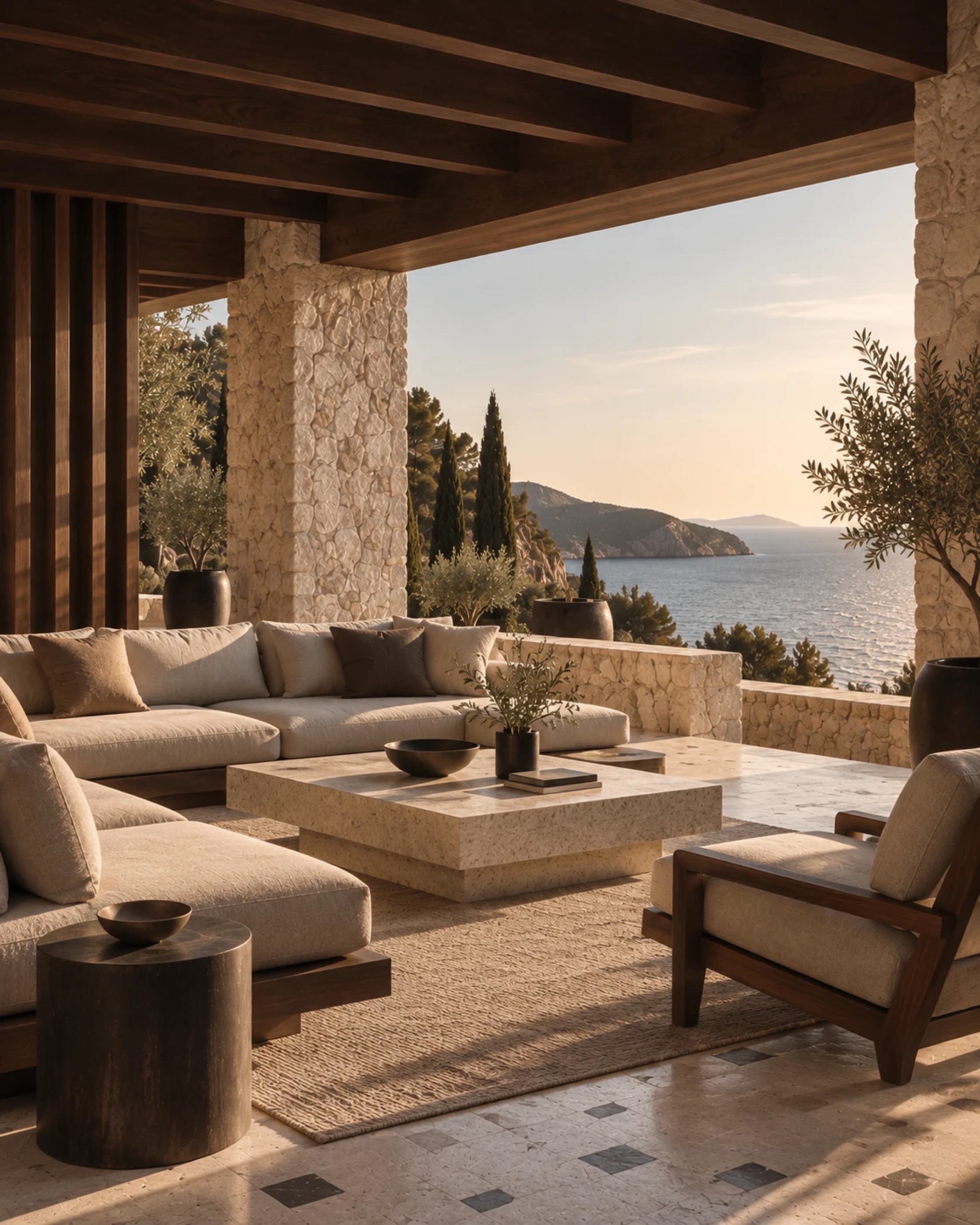 The villa's covered terrace lounge above the sea