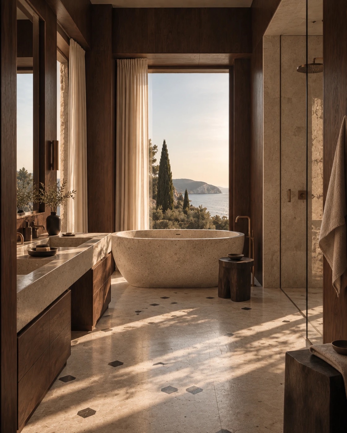 The bathroom in travertine and walnut