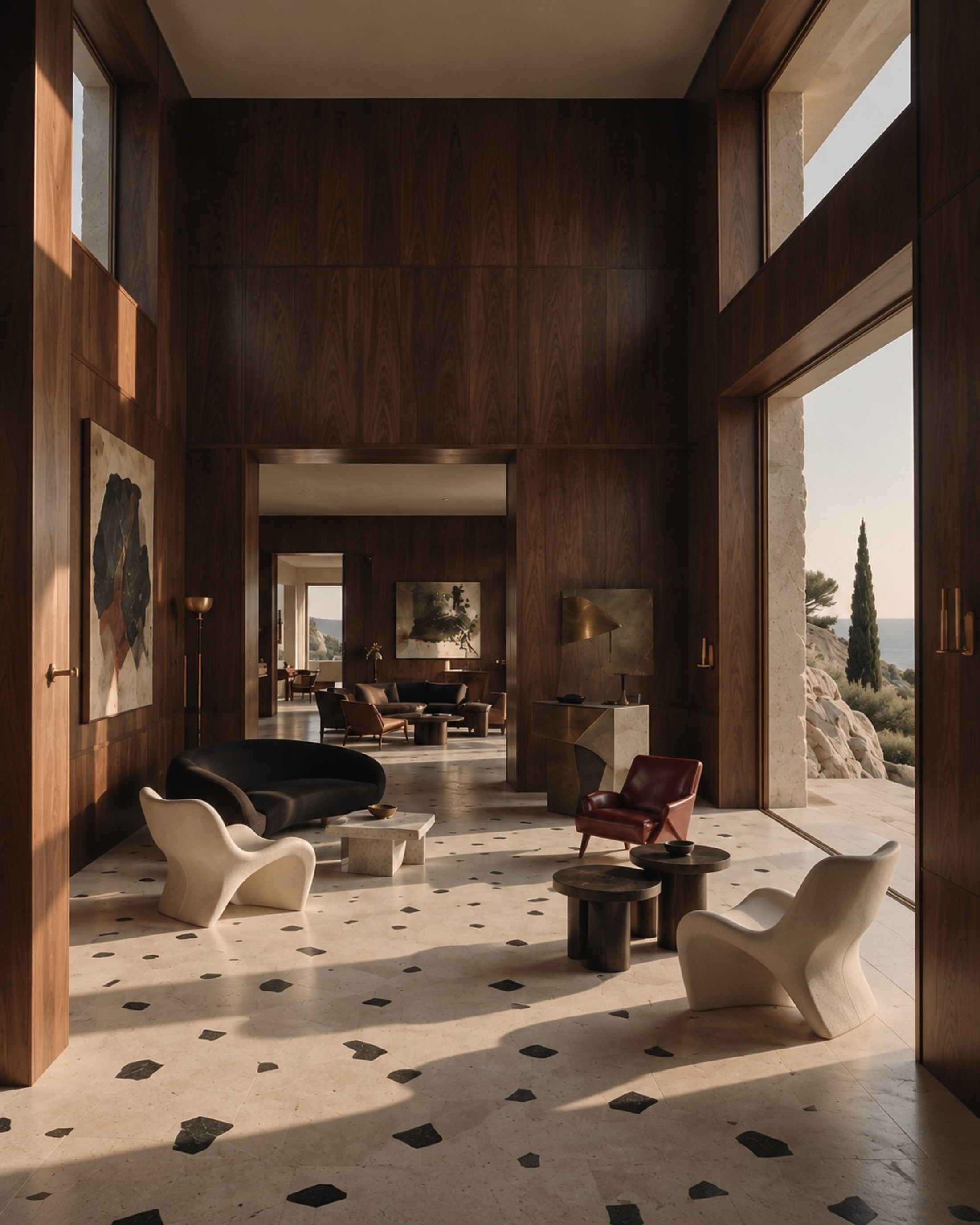 The villa's double-height lounge in walnut and travertine, opening to the sea