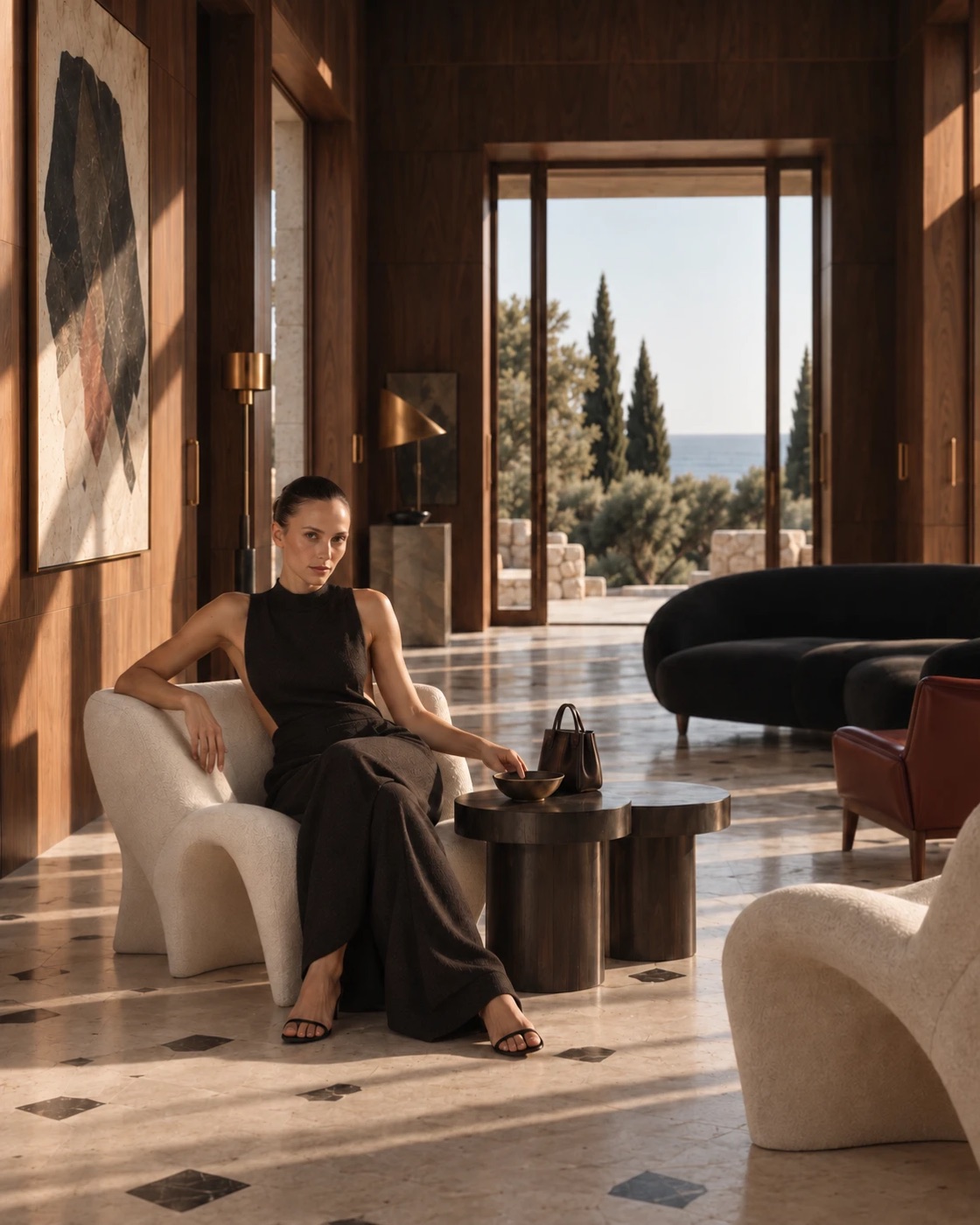 A guest in the lounge, the sea beyond